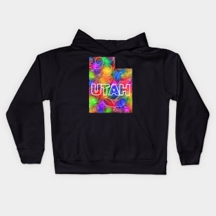 Colorful mandala art map of Utah with text in multicolor pattern Kids Hoodie